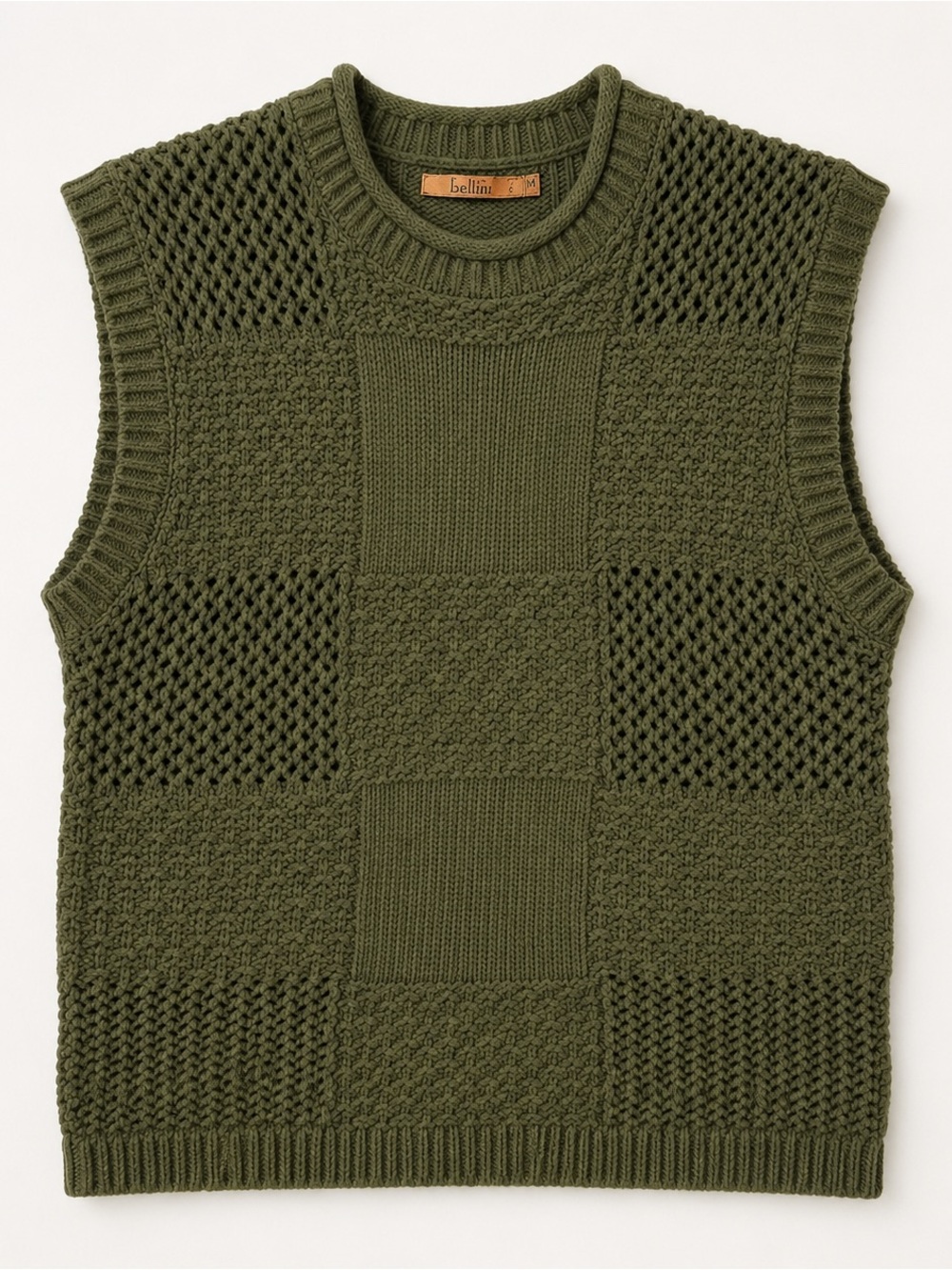 Belldini Olive Green Patchwork Knit Cotton Sweater Vest M